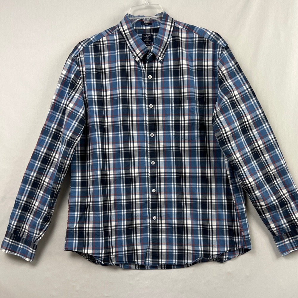 J.Crew Flex Washed Shirt Mens XXL Blue White Plaid Slim Fit Button Down Preppy